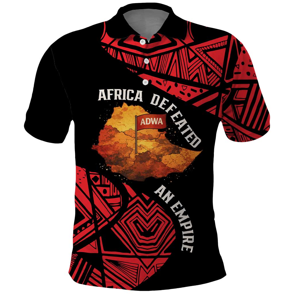 Menelik II Polo Shirt with Adwa Victory Map, Africa Defeated an Empire Text and Red Geometric - Wonder Print Shop