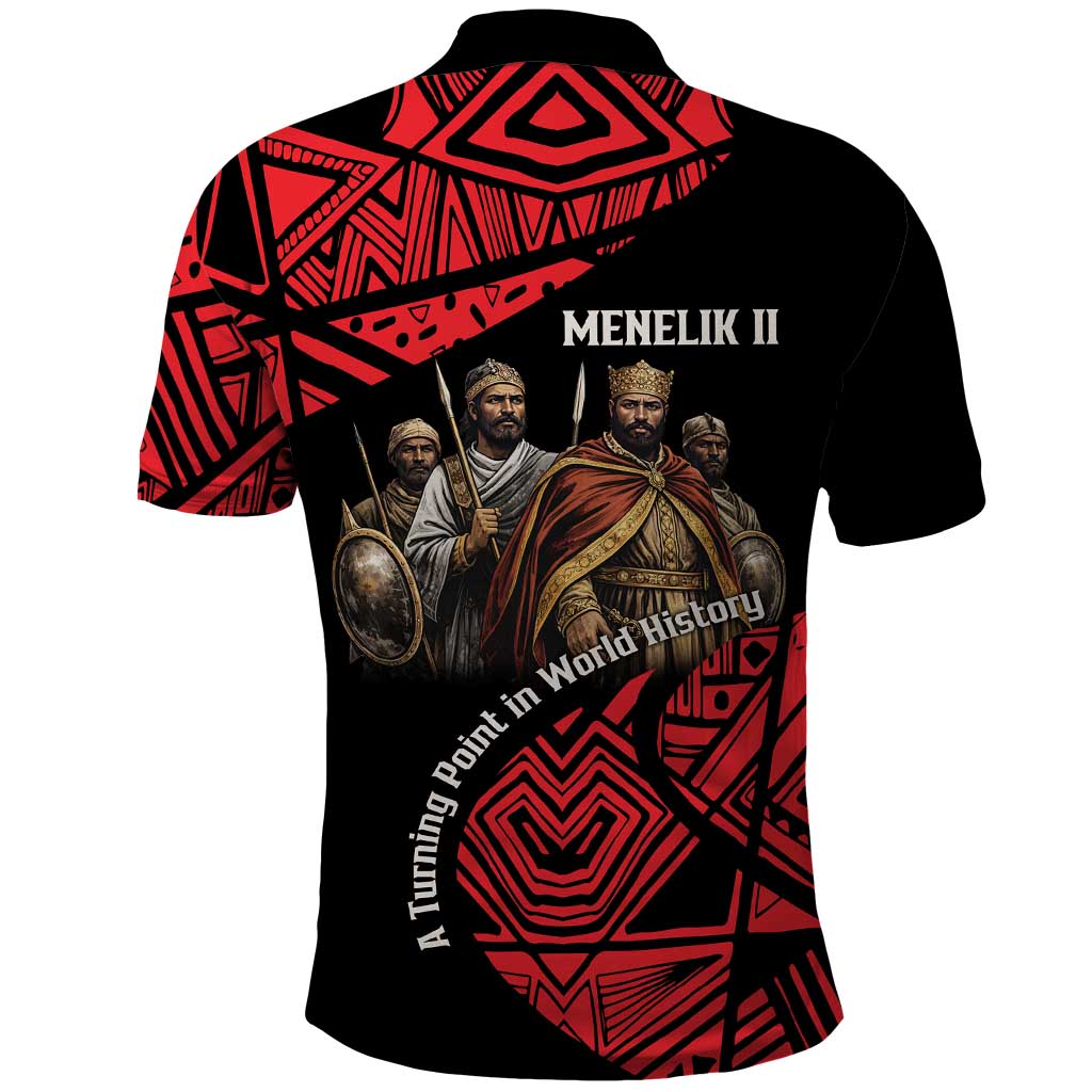 Menelik II Polo Shirt with Adwa Victory Map, Africa Defeated an Empire Text and Red Geometric - Wonder Print Shop
