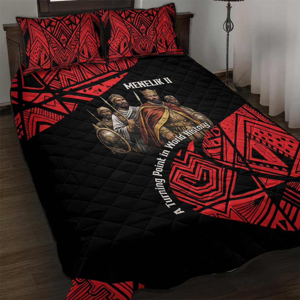 Menelik II Quilt Bed Set with Adwa Victory Map, Africa Defeated an Empire Text and Red Geometric - Wonder Print Shop