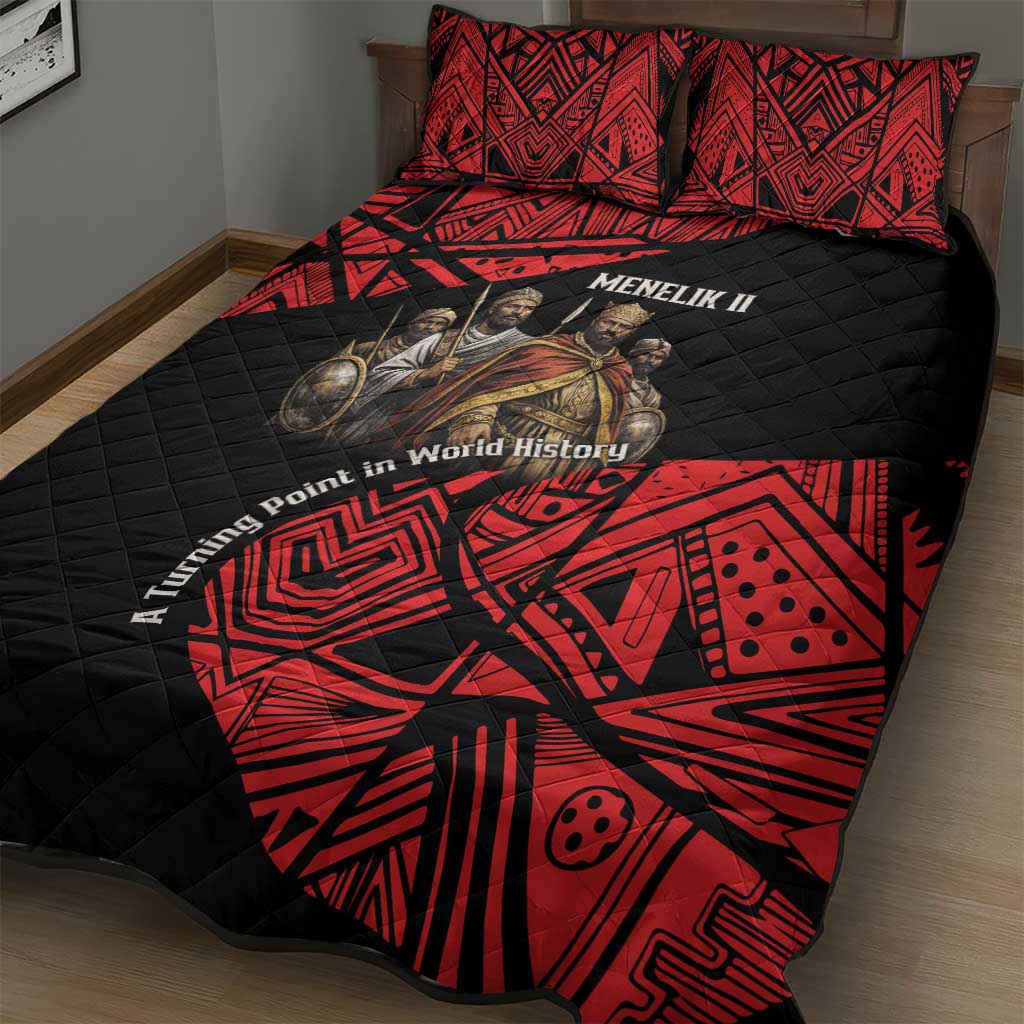 Menelik II Quilt Bed Set with Adwa Victory Map, Africa Defeated an Empire Text and Red Geometric - Wonder Print Shop