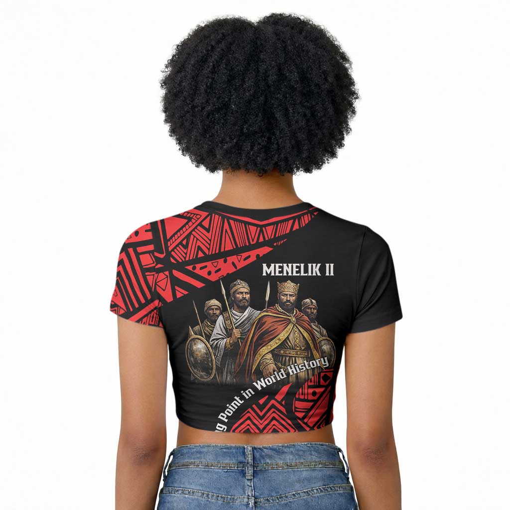 Menelik II Raglan Cropped T shirt with Adwa Victory Map, Africa Defeated an Empire Text and Red Geometric - Wonder Print Shop