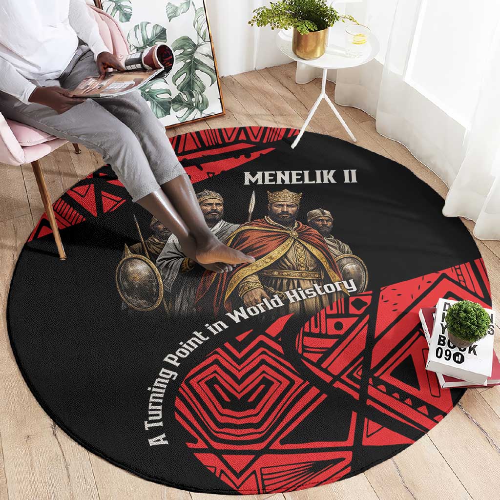 Menelik II Round Carpet with Adwa Victory Map, Africa Defeated an Empire Text and Red Geometric - Wonder Print Shop