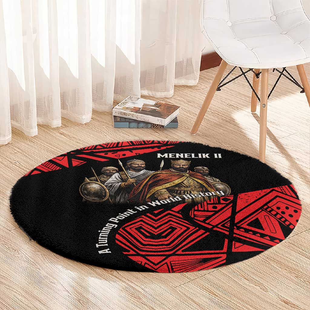 Menelik II Round Carpet with Adwa Victory Map, Africa Defeated an Empire Text and Red Geometric - Wonder Print Shop