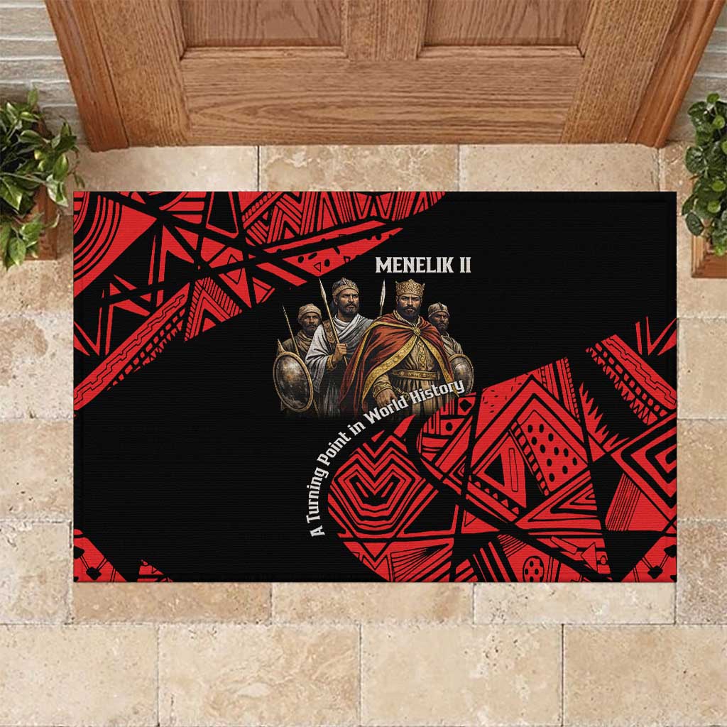 Menelik II Rubber Doormat with Adwa Victory Map, Africa Defeated an Empire Text and Red Geometric - Wonder Print Shop