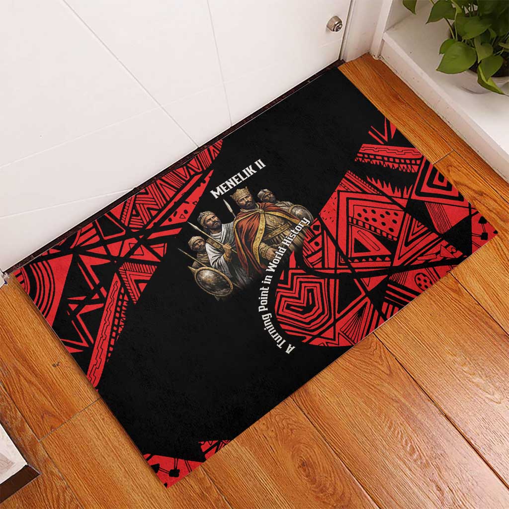 Menelik II Rubber Doormat with Adwa Victory Map, Africa Defeated an Empire Text and Red Geometric - Wonder Print Shop
