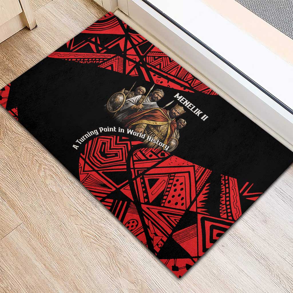 Menelik II Rubber Doormat with Adwa Victory Map, Africa Defeated an Empire Text and Red Geometric - Wonder Print Shop