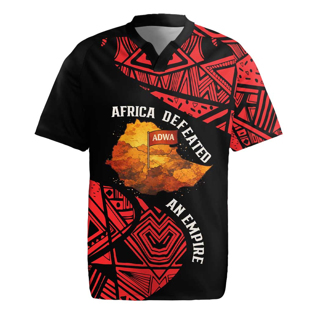 Menelik II Rugby Jersey with Adwa Victory Map, Africa Defeated an Empire Text and Red Geometric - Wonder Print Shop