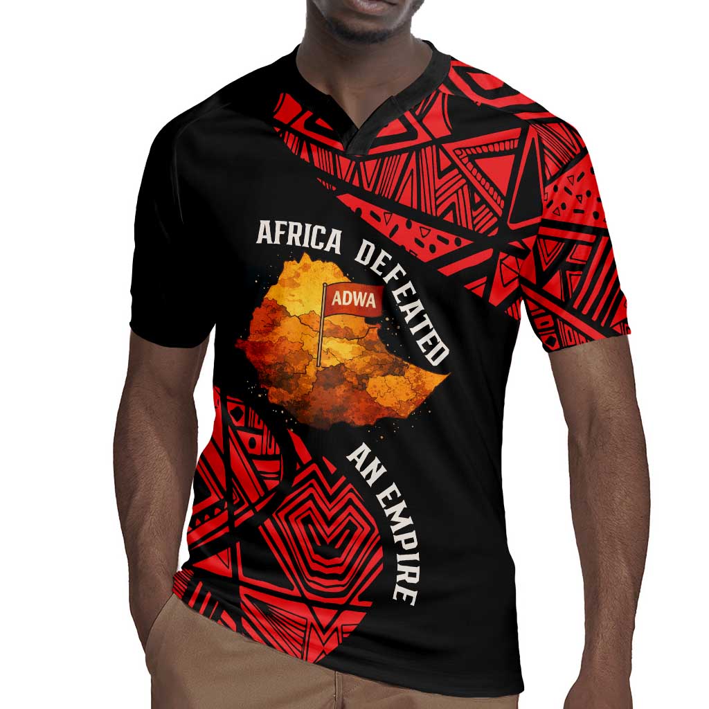 Menelik II Rugby Jersey with Adwa Victory Map, Africa Defeated an Empire Text and Red Geometric - Wonder Print Shop