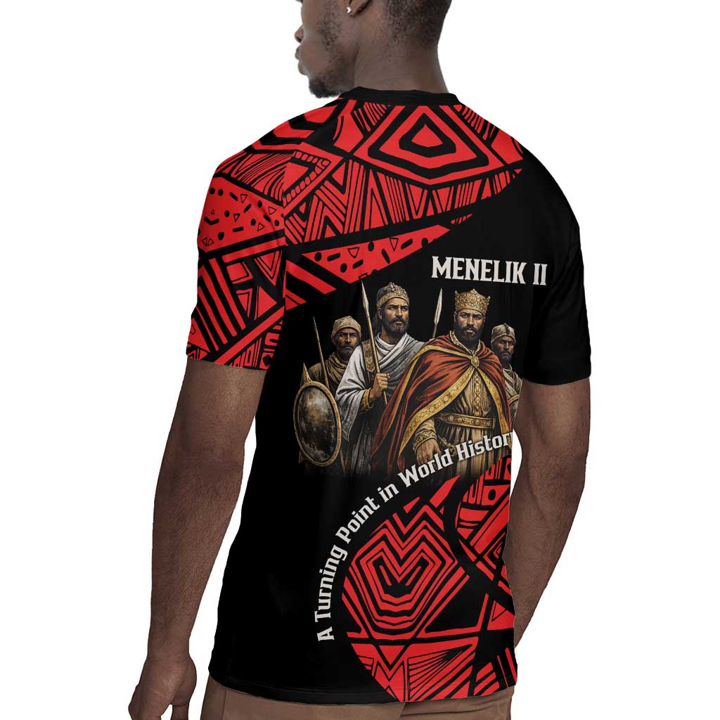 Menelik II Rugby Jersey with Adwa Victory Map, Africa Defeated an Empire Text and Red Geometric - Wonder Print Shop