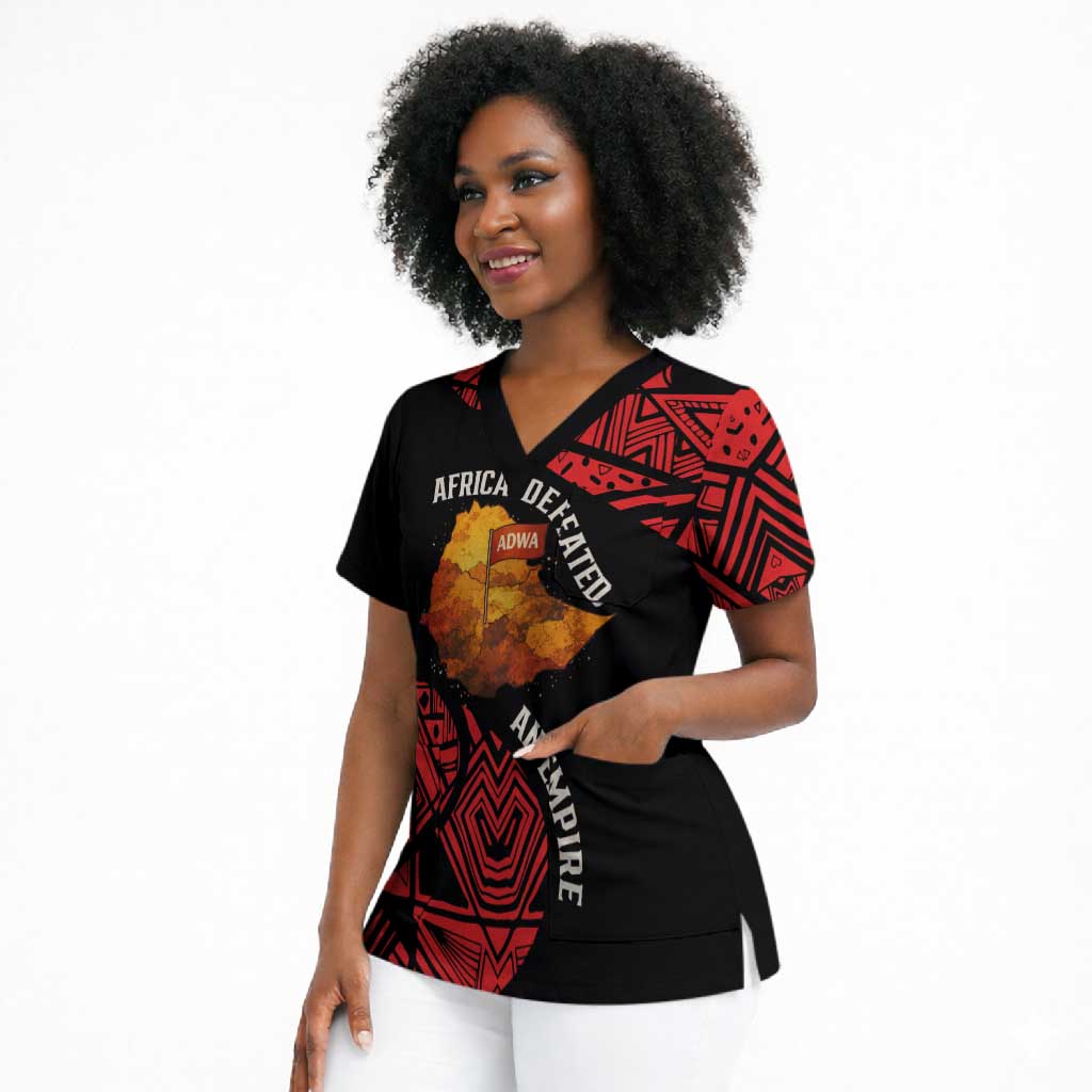 Menelik II Scrub Top with Adwa Victory Map, Africa Defeated an Empire Text and Red Geometric - Wonder Print Shop