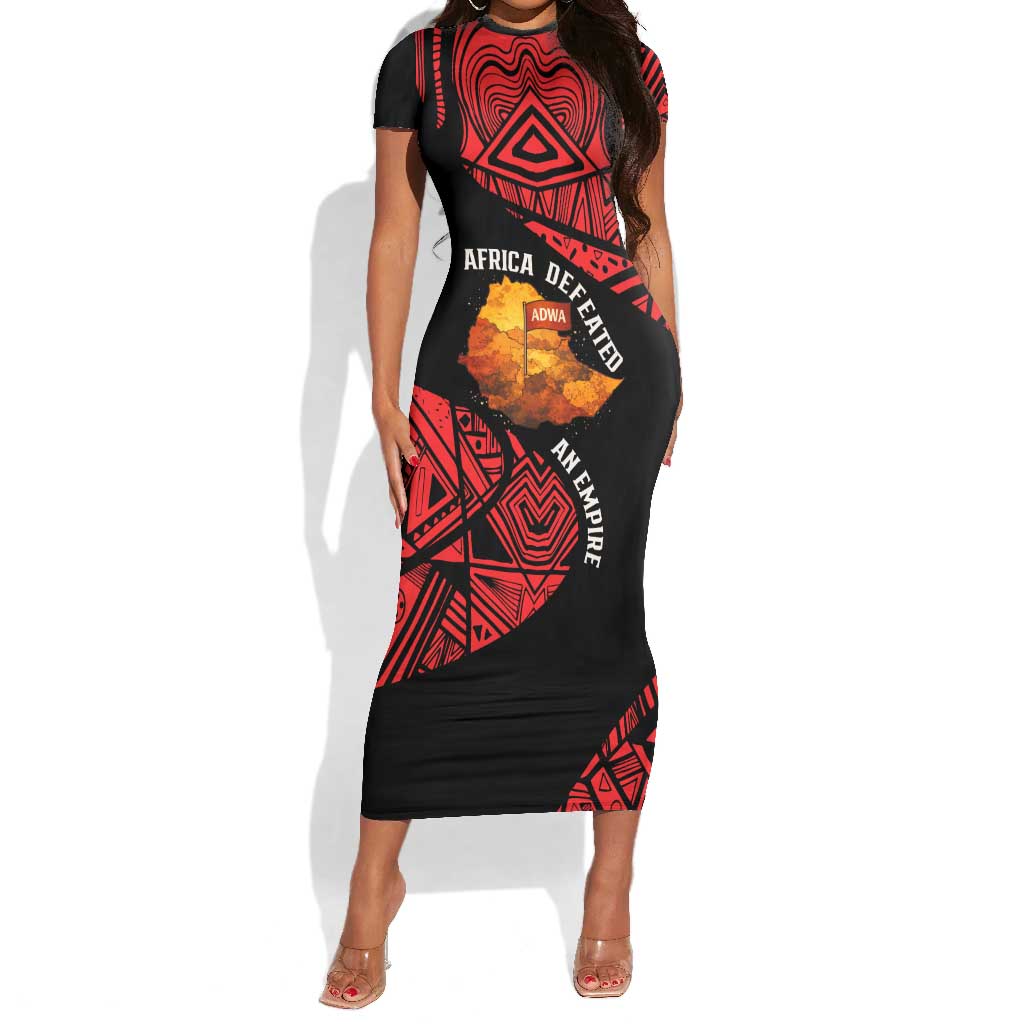 Menelik II Short Sleeve Bodycon Dress with Adwa Victory Map, Africa Defeated an Empire Text and Red Geometric - Wonder Print Shop