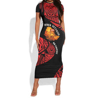 Menelik II Short Sleeve Bodycon Dress with Adwa Victory Map, Africa Defeated an Empire Text and Red Geometric - Wonder Print Shop