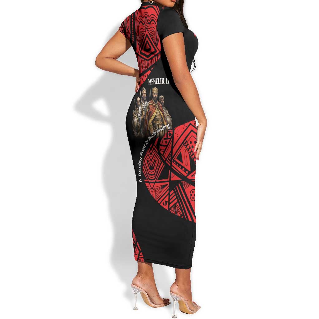 Menelik II Short Sleeve Bodycon Dress with Adwa Victory Map, Africa Defeated an Empire Text and Red Geometric - Wonder Print Shop