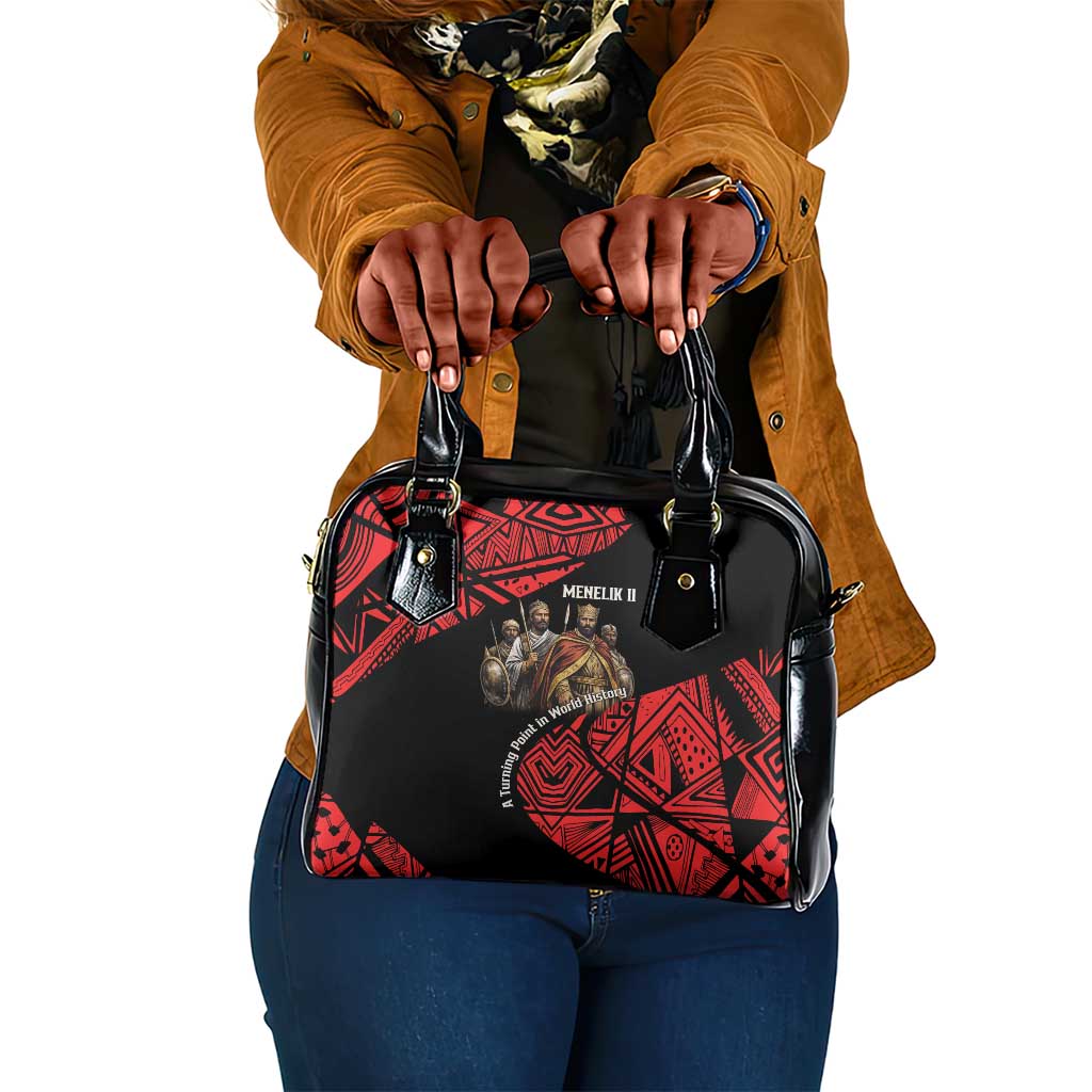 Menelik II Shoulder Handbag with Adwa Victory Map, Africa Defeated an Empire Text and Red Geometric - Wonder Print Shop