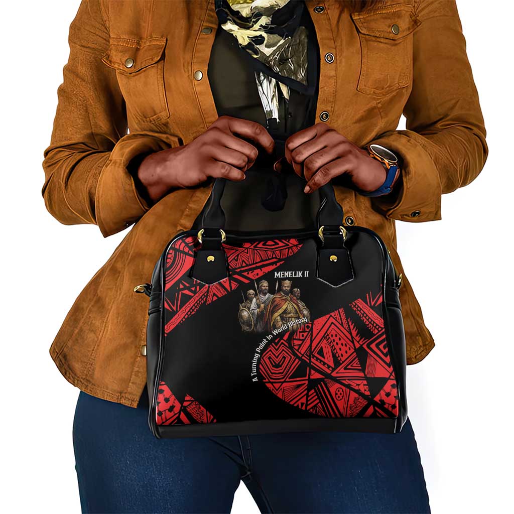 Menelik II Shoulder Handbag with Adwa Victory Map, Africa Defeated an Empire Text and Red Geometric - Wonder Print Shop