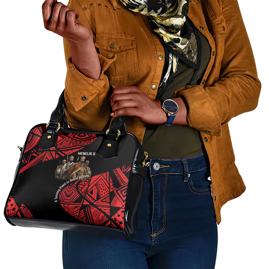 Menelik II Shoulder Handbag with Adwa Victory Map, Africa Defeated an Empire Text and Red Geometric - Wonder Print Shop
