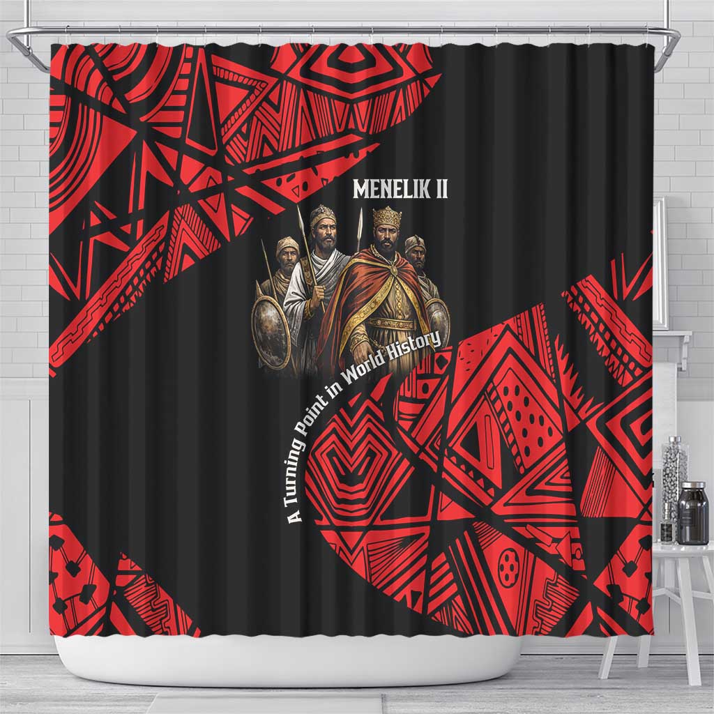 Menelik II Shower Curtain with Adwa Victory Map, Africa Defeated an Empire Text and Red Geometric - Wonder Print Shop