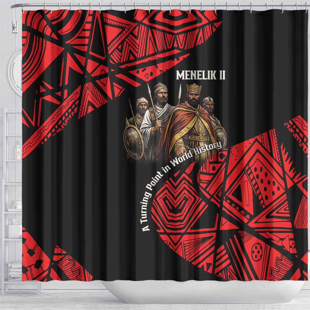 Menelik II Shower Curtain with Adwa Victory Map, Africa Defeated an Empire Text and Red Geometric - Wonder Print Shop