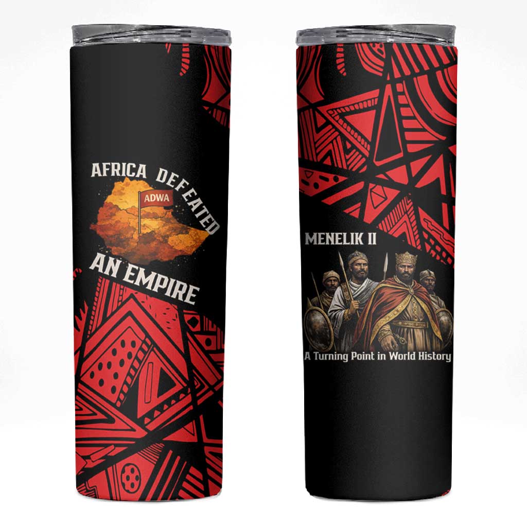 Menelik II Skinny Tumbler with Adwa Victory Map, Africa Defeated an Empire Text and Red Geometric - Wonder Print Shop