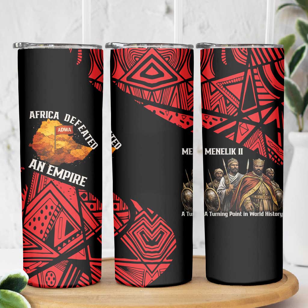 Menelik II Skinny Tumbler with Adwa Victory Map, Africa Defeated an Empire Text and Red Geometric - Wonder Print Shop