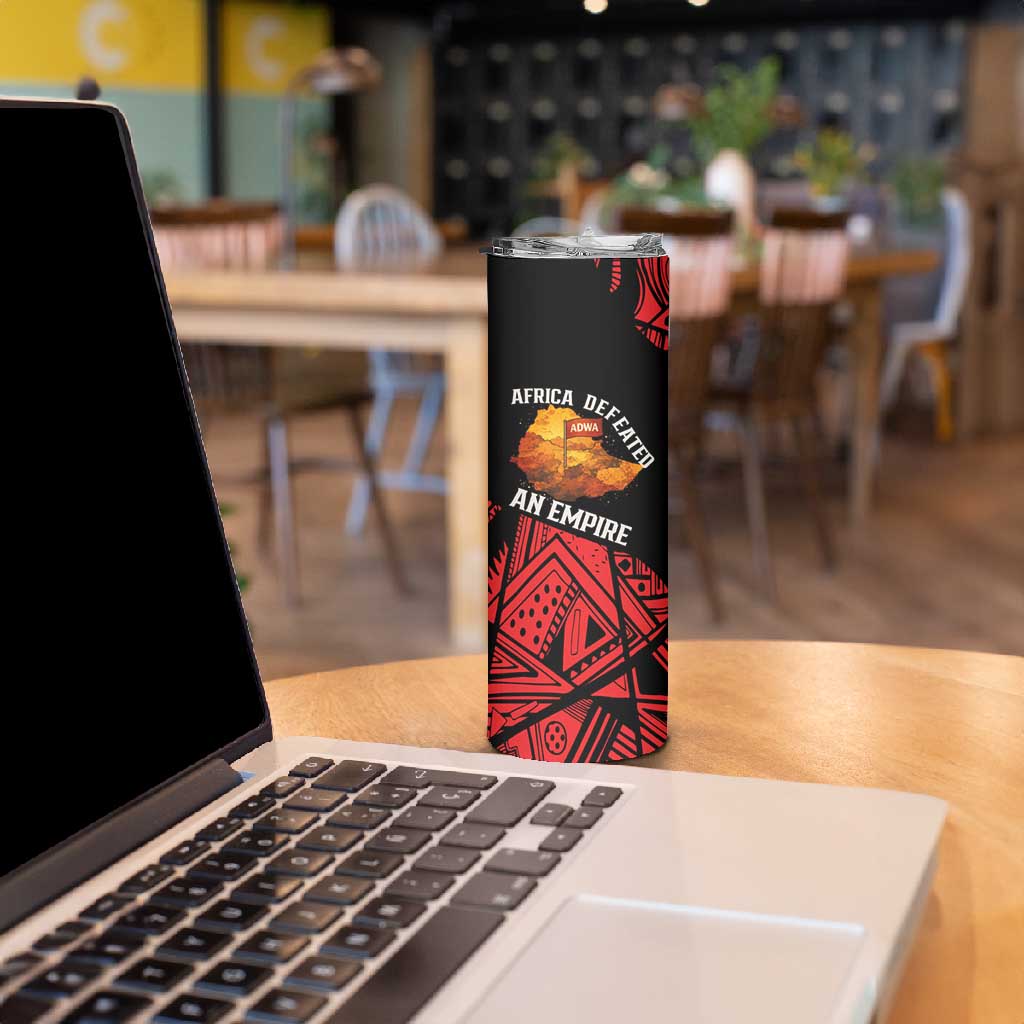 Menelik II Skinny Tumbler with Adwa Victory Map, Africa Defeated an Empire Text and Red Geometric - Wonder Print Shop