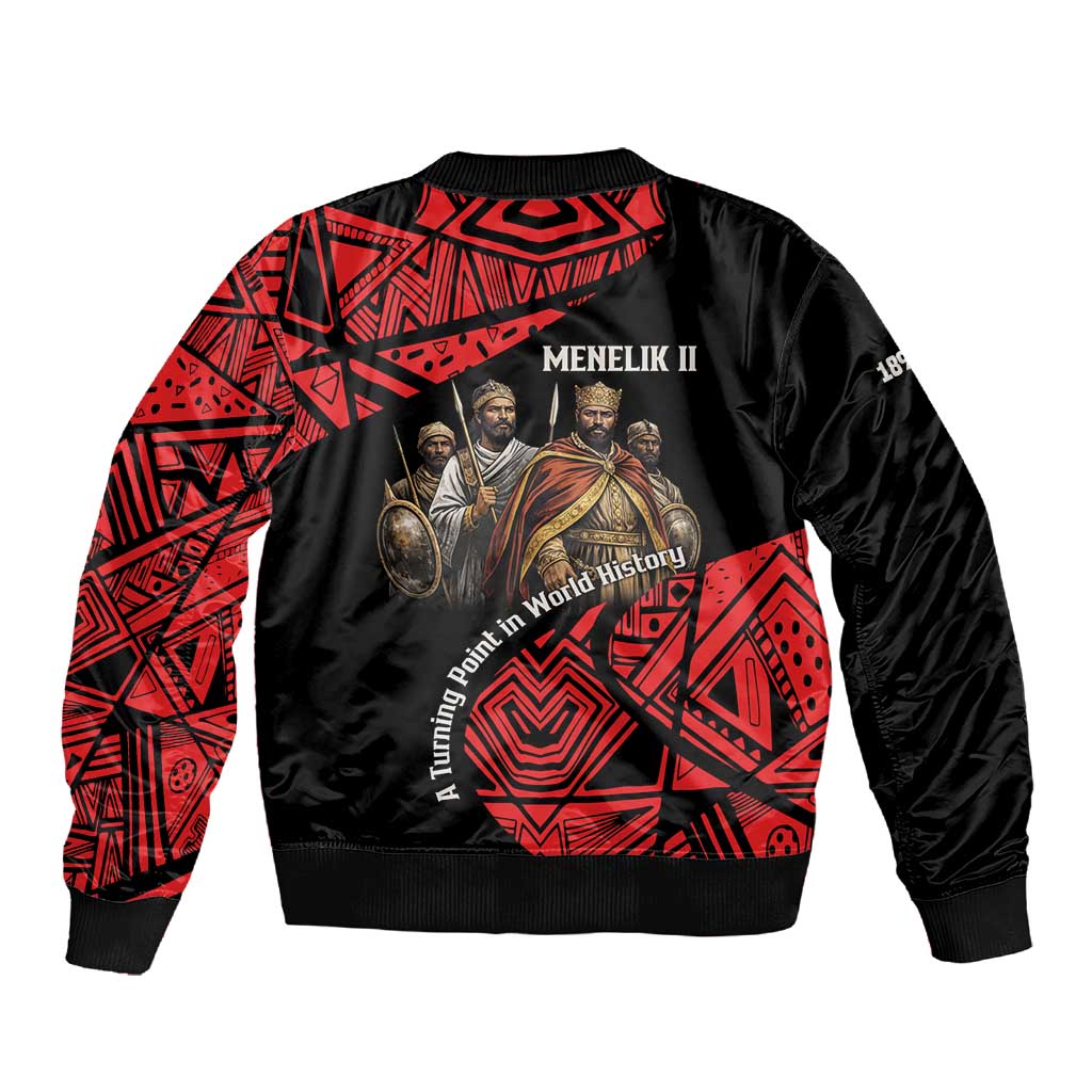 Menelik II Sleeve Zip Bomber Jacket with Adwa Victory Map, Africa Defeated an Empire Text and Red Geometric - Wonder Print Shop