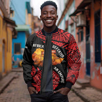 Menelik II Sleeve Zip Bomber Jacket with Adwa Victory Map, Africa Defeated an Empire Text and Red Geometric - Wonder Print Shop