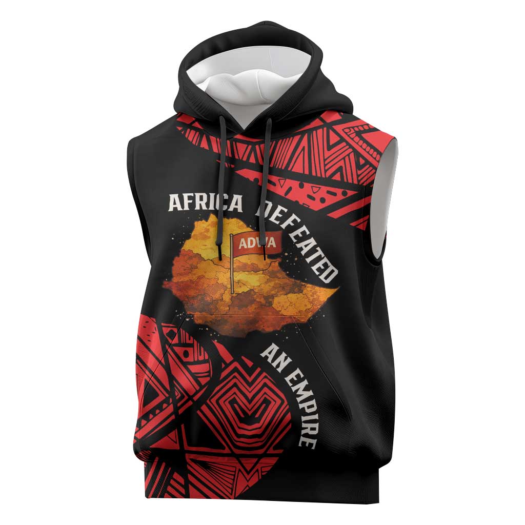Menelik II Sleeveless Hoodie with Adwa Victory Map, Africa Defeated an Empire Text and Red Geometric - Wonder Print Shop