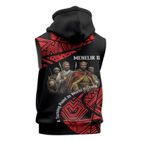 Menelik II Sleeveless Hoodie with Adwa Victory Map, Africa Defeated an Empire Text and Red Geometric - Wonder Print Shop