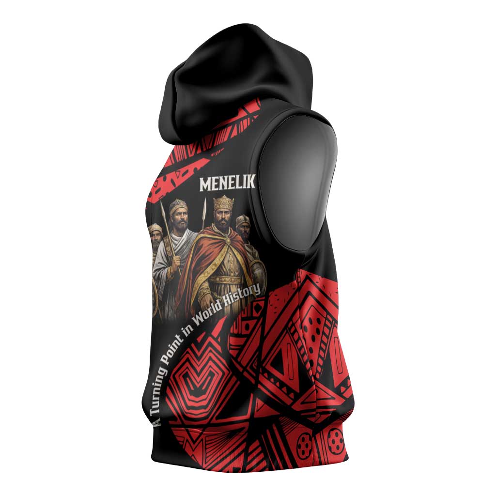 Menelik II Sleeveless Hoodie with Adwa Victory Map, Africa Defeated an Empire Text and Red Geometric - Wonder Print Shop
