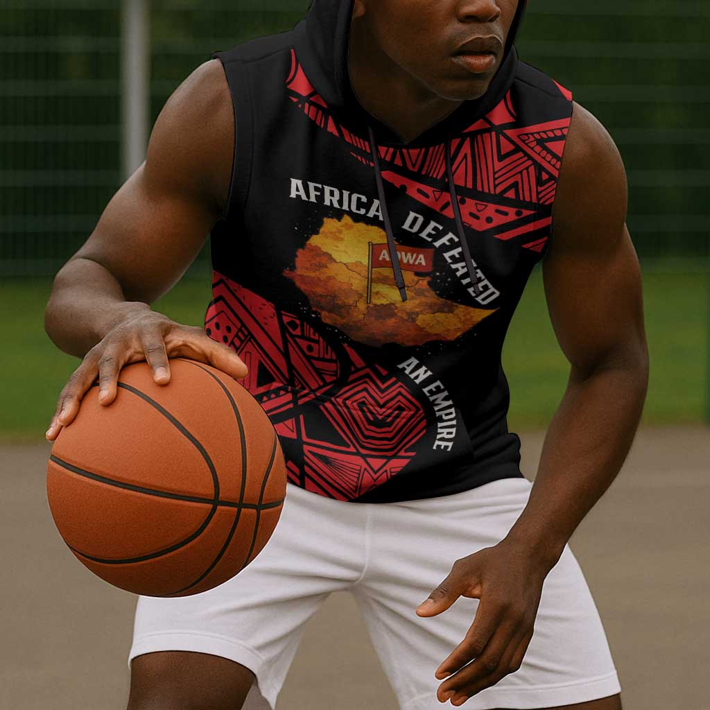 Menelik II Sleeveless Hoodie with Adwa Victory Map, Africa Defeated an Empire Text and Red Geometric - Wonder Print Shop