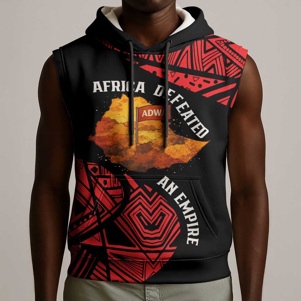 Menelik II Sleeveless Hoodie with Adwa Victory Map, Africa Defeated an Empire Text and Red Geometric - Wonder Print Shop