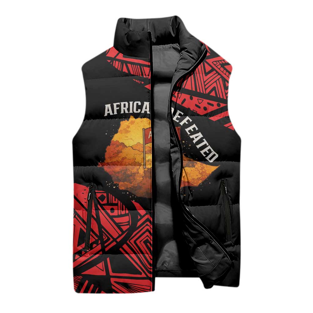 Menelik II Sleeveless Puffer Jacket with Adwa Victory Map, Africa Defeated an Empire Text and Red Geometric - Wonder Print Shop