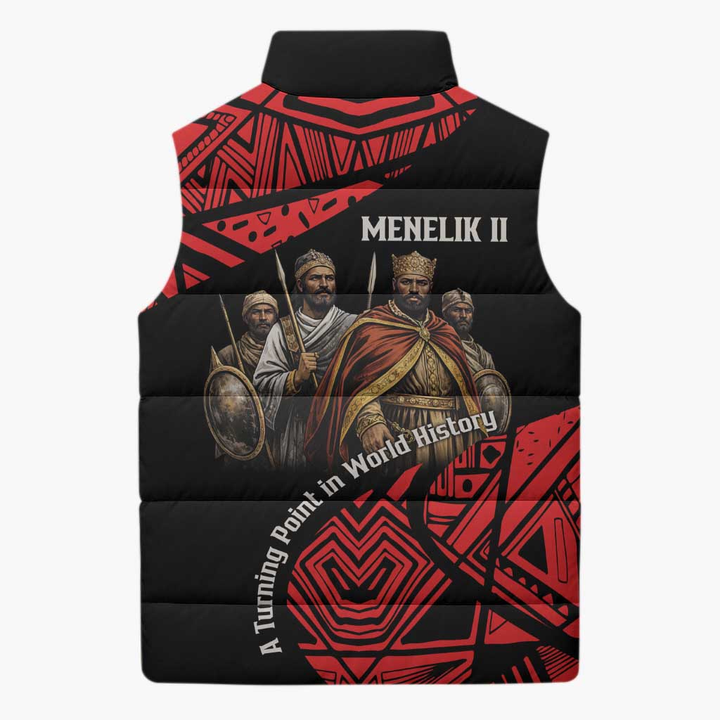 Menelik II Sleeveless Puffer Jacket with Adwa Victory Map, Africa Defeated an Empire Text and Red Geometric - Wonder Print Shop