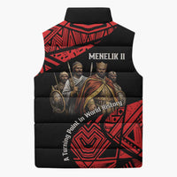 Menelik II Sleeveless Puffer Jacket with Adwa Victory Map, Africa Defeated an Empire Text and Red Geometric - Wonder Print Shop