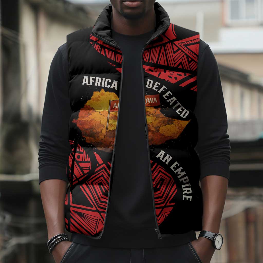 Menelik II Sleeveless Puffer Jacket with Adwa Victory Map, Africa Defeated an Empire Text and Red Geometric - Wonder Print Shop
