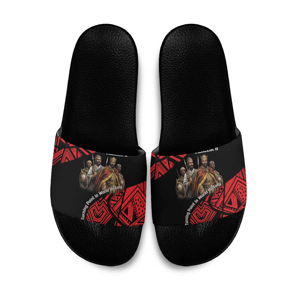 Menelik II Slide Sandals with Adwa Victory Map, Africa Defeated an Empire Text and Red Geometric - Wonder Print Shop