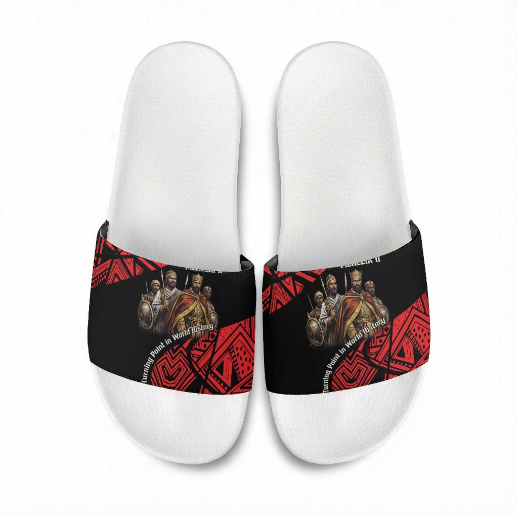 Menelik II Slide Sandals with Adwa Victory Map, Africa Defeated an Empire Text and Red Geometric - Wonder Print Shop