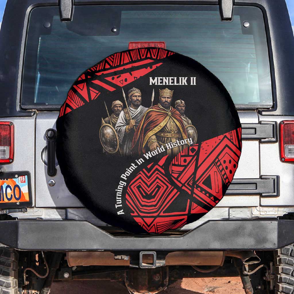 Menelik II Spare Tire Cover with Adwa Victory Map, Africa Defeated an Empire Text and Red Geometric - Wonder Print Shop