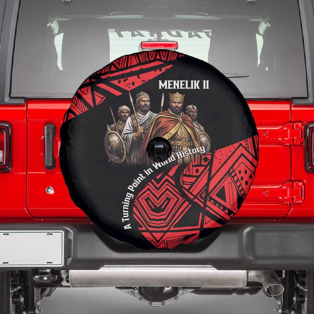 Menelik II Spare Tire Cover with Adwa Victory Map, Africa Defeated an Empire Text and Red Geometric - Wonder Print Shop