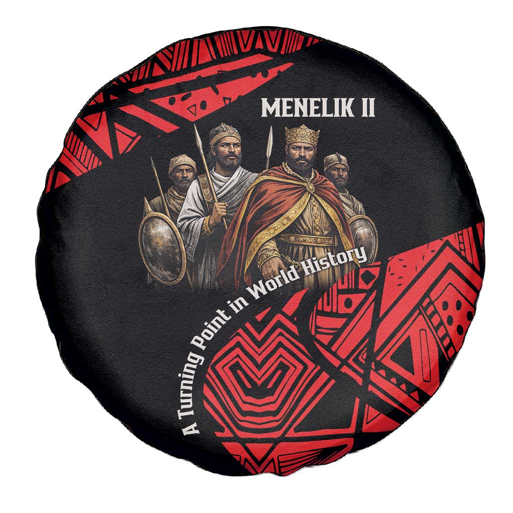 Menelik II Spare Tire Cover with Adwa Victory Map, Africa Defeated an Empire Text and Red Geometric - Wonder Print Shop