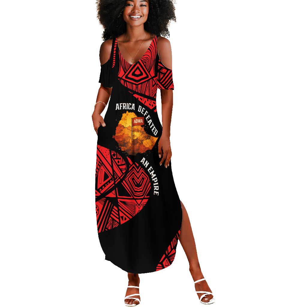 Menelik II Summer Maxi Dress with Adwa Victory Map, Africa Defeated an Empire Text and Red Geometric - Wonder Print Shop