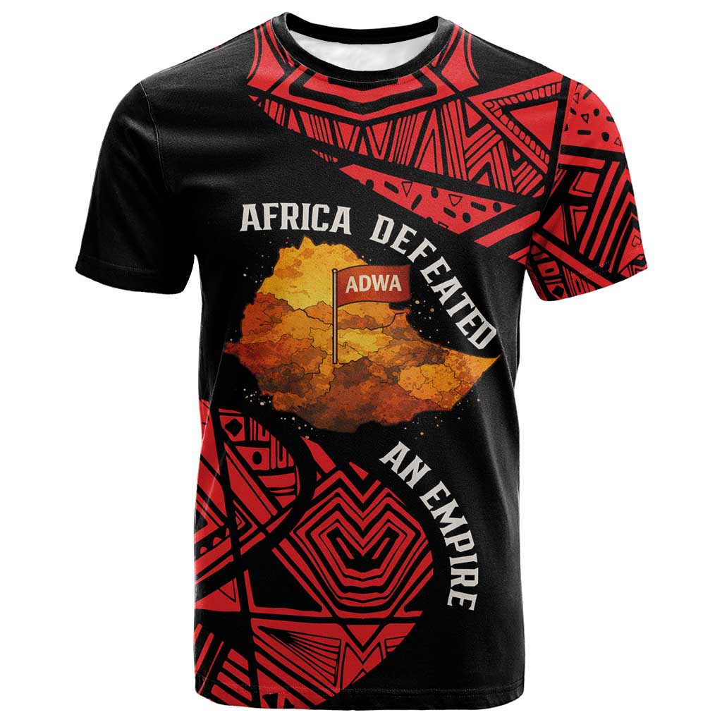Menelik II T shirt with Adwa Victory Map, Africa Defeated an Empire Text and Red Geometric - Wonder Print Shop