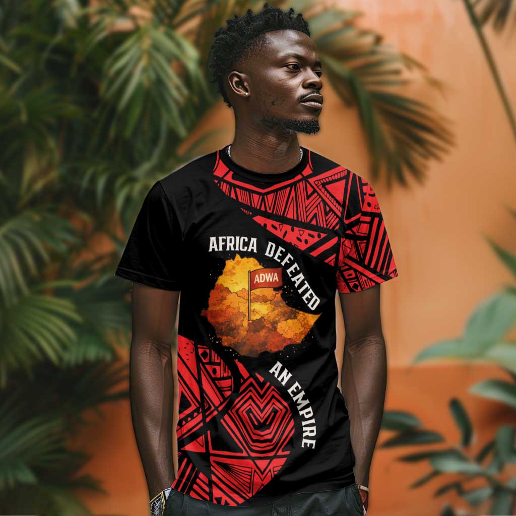 Menelik II T shirt with Adwa Victory Map, Africa Defeated an Empire Text and Red Geometric - Wonder Print Shop