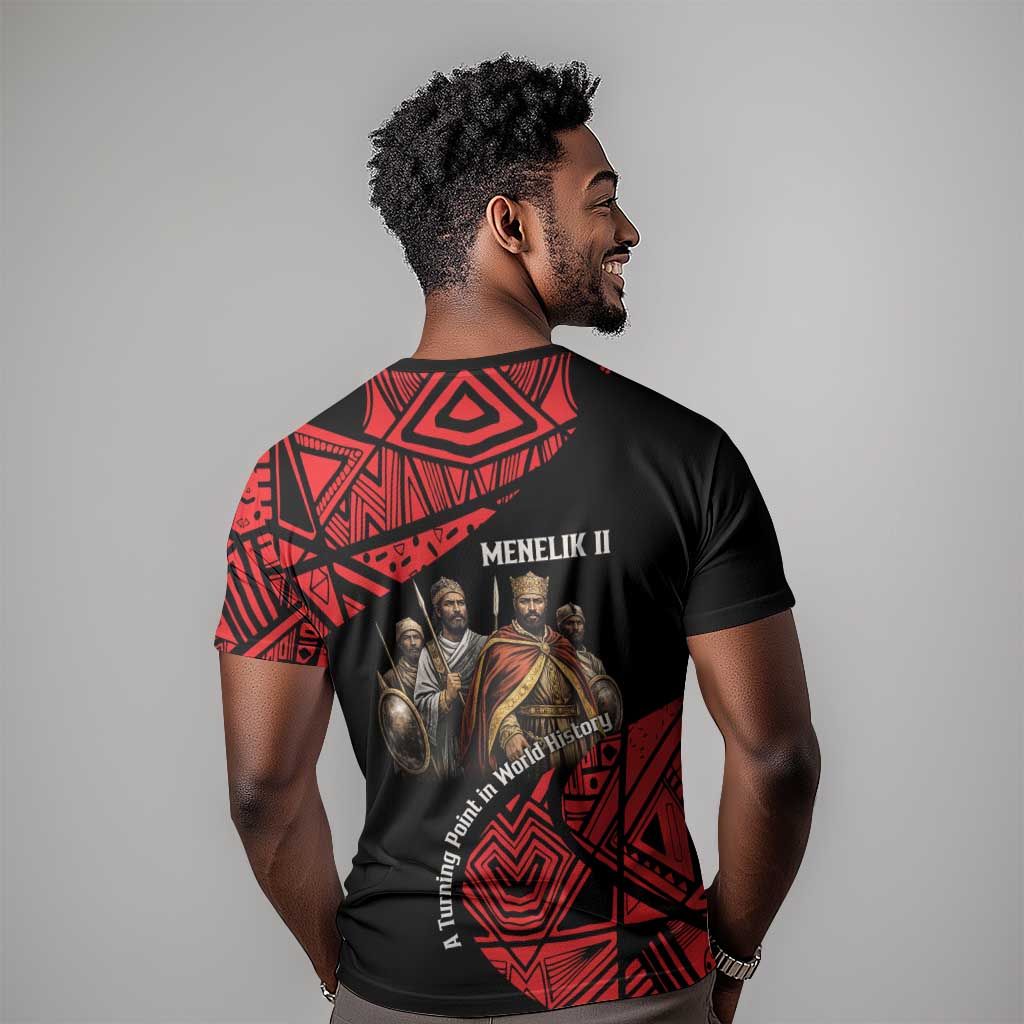 Menelik II T shirt with Adwa Victory Map, Africa Defeated an Empire Text and Red Geometric - Wonder Print Shop