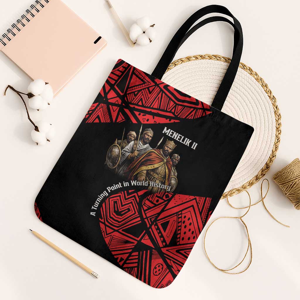 Menelik II Tote Bag with Adwa Victory Map, Africa Defeated an Empire Text and Red Geometric - Wonder Print Shop