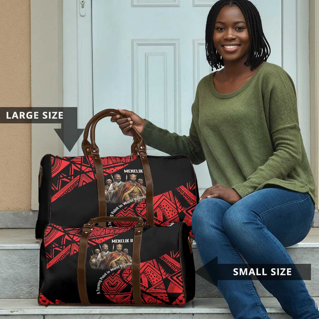 Menelik II Travel Bag with Adwa Victory Map, Africa Defeated an Empire Text and Red Geometric - Wonder Print Shop