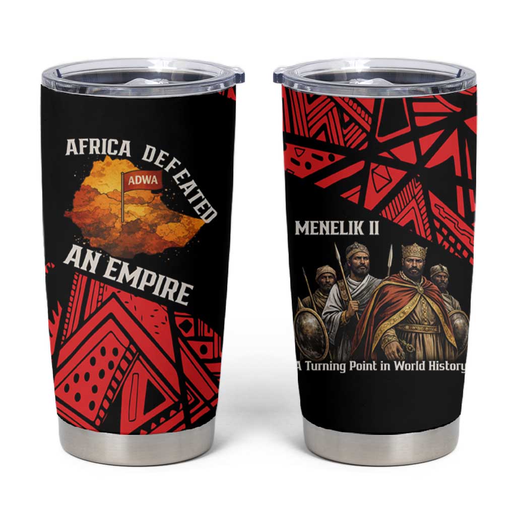 Menelik II Tumbler Cup with Adwa Victory Map, Africa Defeated an Empire Text and Red Geometric - Wonder Print Shop