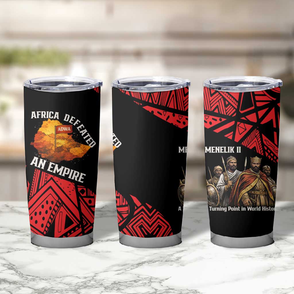 Menelik II Tumbler Cup with Adwa Victory Map, Africa Defeated an Empire Text and Red Geometric - Wonder Print Shop