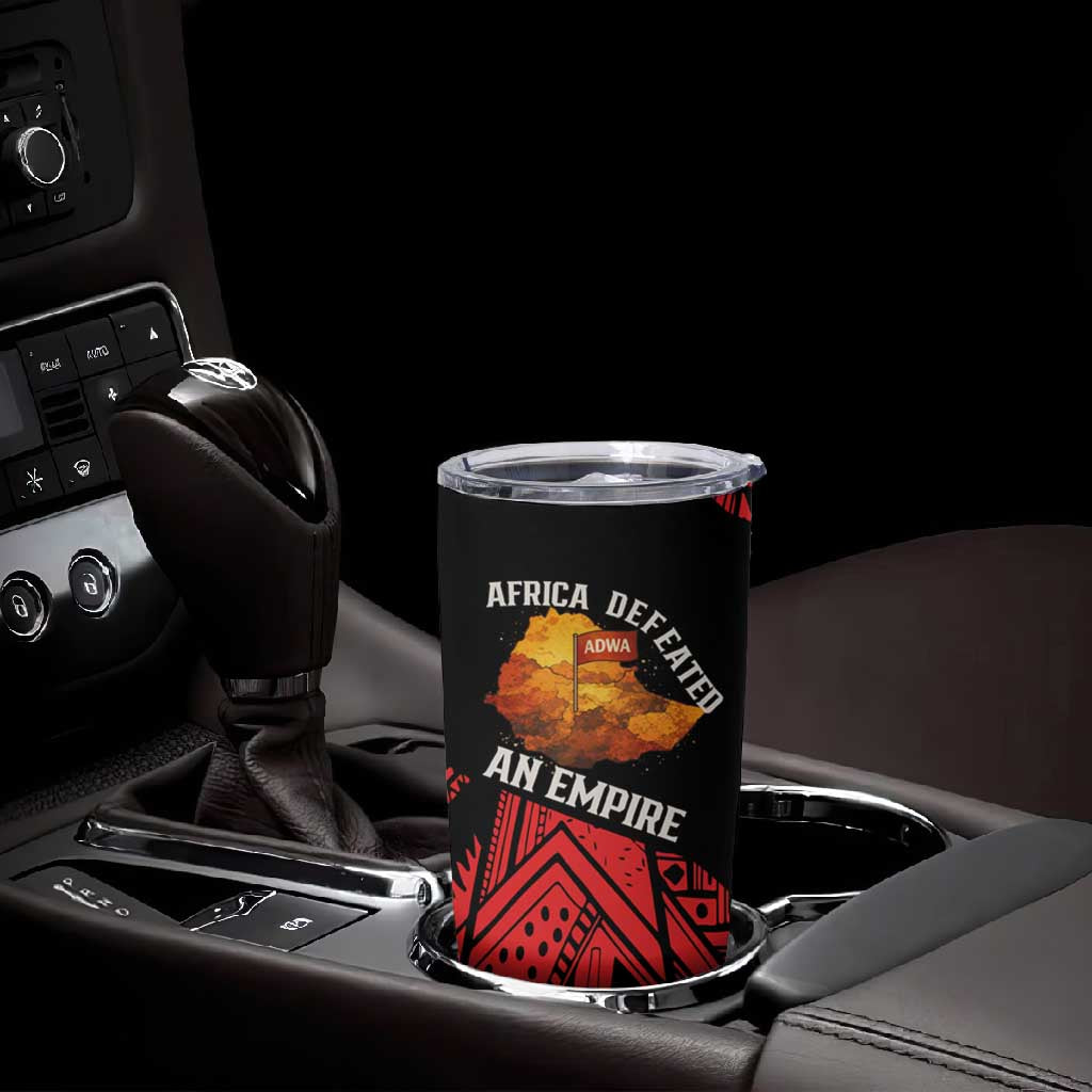 Menelik II Tumbler Cup with Adwa Victory Map, Africa Defeated an Empire Text and Red Geometric - Wonder Print Shop